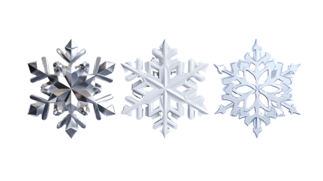 Decorative Snowflake Trio in 3D Metallic, Flat Icon, and Paper Cut Styles isolated on transparent background