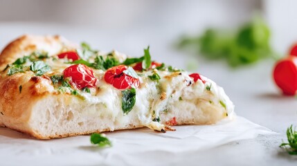 Vegetarian pizza with cherry tomatoes and melted mozzarella, garnished with fresh herbs.