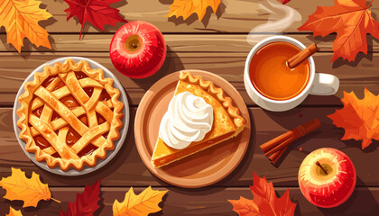 Autumnal feast: apple pie, pumpkin pie slice, cider, apples, and fall leaves.