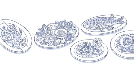 Fresh seafood platter showcasing grilled fish, shrimp skewers, octopus, oysters, and mussels perfect for restaurant menus and vibrant culinary designs