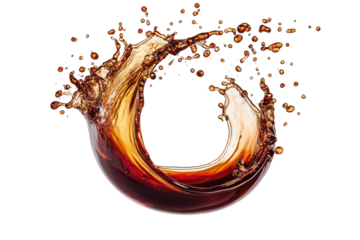 Dynamic liquid splash forming a circular shape isolated on transparent background. Round shaped soy sauce splash isolated on white background.