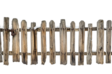 Rustic wooden picket fence section isolated on transparent background. Rustic wooden fence isolated on white background.
