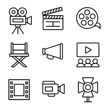 Filmmaking Icon Set Camera Clapperboard Reel Directors Chair Megaphone and More.