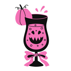 Halloween Pink Cocktail with Bow. Spooky Halloween Fuzzy Drink with jack o’lantern creepy face, curly ribbon and playful splash effect. Coquette Emo aesthetic. Vector illustration