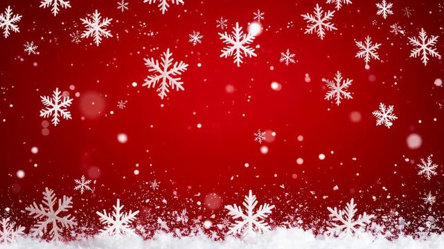 Falling white snowflakes and snowdrift at bottom against a vivid red gradient background for winter season concepts