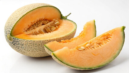 Cantaloupe Melon and Cantaloupe Melon slice on white background