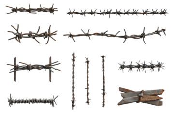 Collection of rusty barbed wire elements isolated on transparent background. Set of barbed wires isolated on white background.