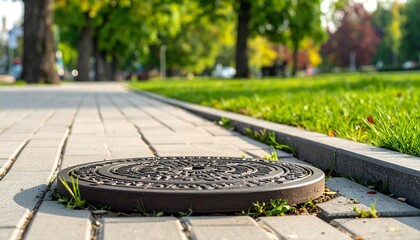 Manhole cover on paved path, green park background