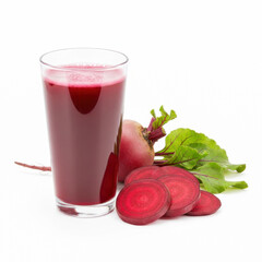 Glass of fresh beetroot juice with beet slices and whole beets.