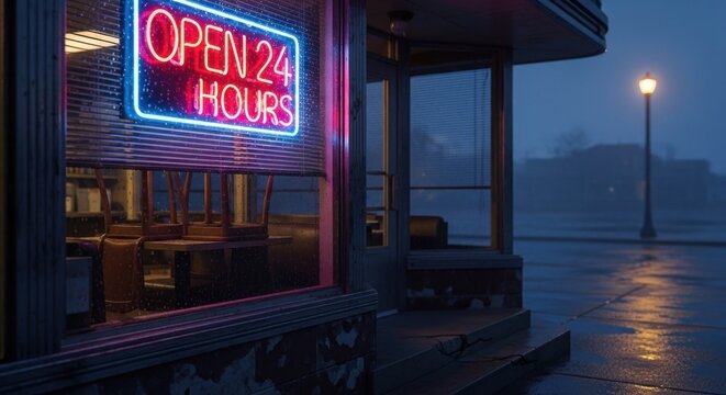 Vibrant Neon 'OPEN 24 HOURS' Sign Reflecting on a Rainy Night, Illuminating a Deserted Urban Street - Powered by Adobe
