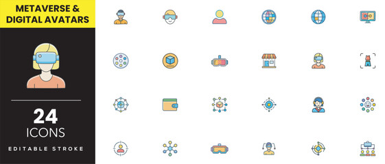 Metaverse & Digital Avatars Line Art Icon Set | Minimal Outline Virtual Reality & 3D Character Symbols
