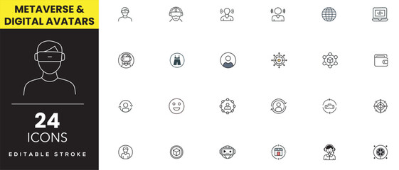 Metaverse & Digital Avatars Line Art Icon Set | Minimal Outline Virtual Reality & 3D Character Symbols