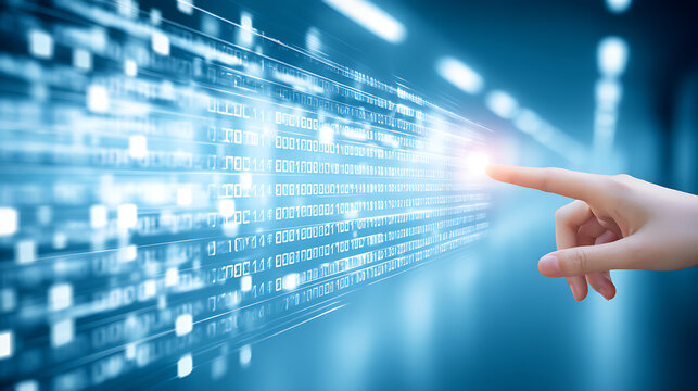 A human hand pointing at a stream of digital data flowing in a futuristic interface