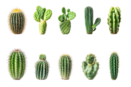 Collection of various green cacti and succulents isolated on transparent background. Set of cacti isolated on white background.