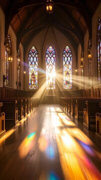Sunlight streaming through stained glass windows in vintage church interior onto wood floor.