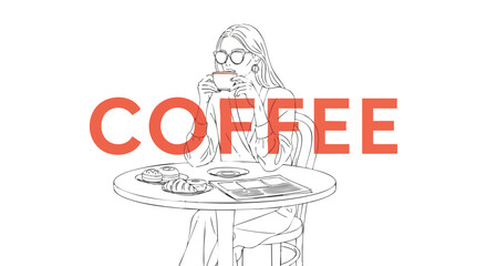 Stylish woman enjoys morning coffee and pastry with newspaper, a minimalist line art design for cafe promotion or lifestyle blog illustration
