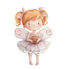 Watercolor illustration of a cute little fairy girl holding a pumpkin bucket, perfect for whimsical Halloween, autumn, and fantasy-themed designs.