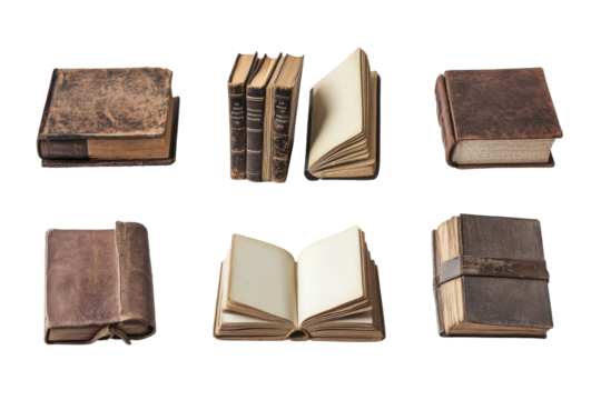 Collection of antique and vintage books isolated on transparent background. Set of closed and open books isolated on white background. - Powered by Adobe