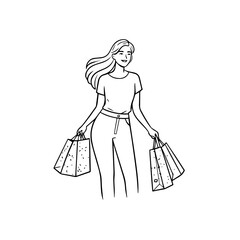 Black and white line art of a beautiful happy woman carrying shopping bags minimalist cheerful illustration
