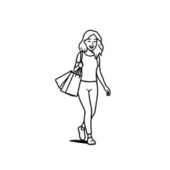 Black and white line art of a beautiful happy woman carrying shopping bags minimalist cheerful illustration