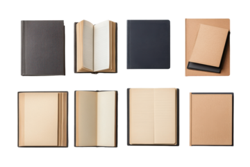 Collection of open and closed books isolated on transparent background. Set of closed and open books isolated on white background.