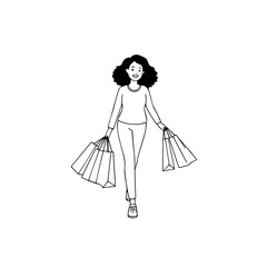 Black and white line art of a beautiful happy woman carrying shopping bags minimalist cheerful illustration