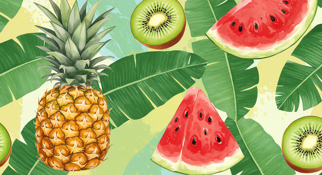 Tropical fruit seamless pattern of watermelon pineapple kiwi - Powered by Adobe