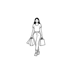 Black and white line art of a beautiful happy woman carrying shopping bags minimalist cheerful illustration