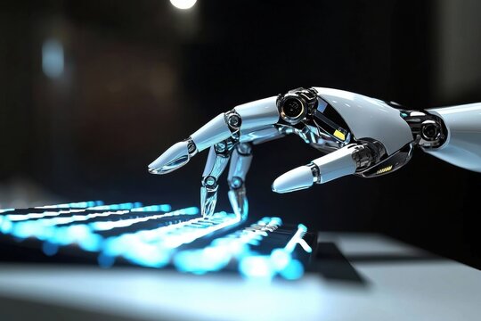 Android robot hand playing music on electric piano using artificial intelligence technology