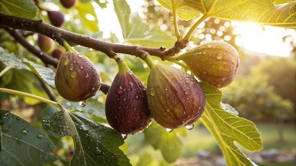 Figs on tree with water drop in garden, Fig hanging tree in natural warm sunlight background