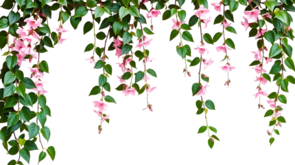 Lush dark green cascading vine with delicate pink flowers creating a natural archway background