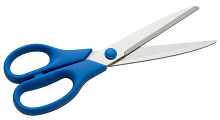 A pair of blue handled scissors with silver blades open on a white background in a studio shot