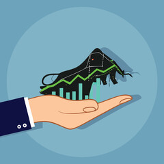 Businessman hands and the bull market. Stock market trend up. Vector illustration

