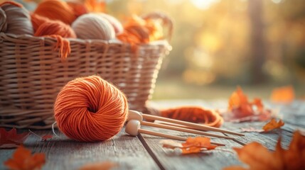Ball of orange yarn with knitting needles on wooden table autumn cozy craft background handmade fashion