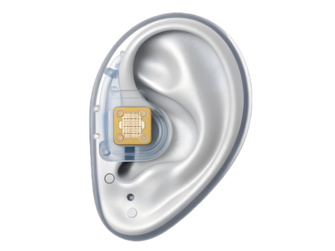 Hearing aid isolated on transparent background, close up view