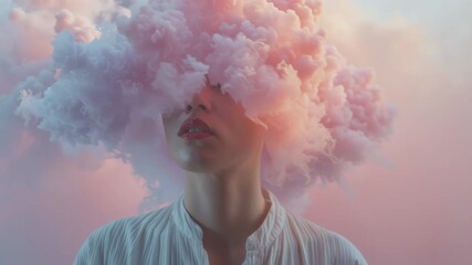 Portrait of person with head dissolving into pastel clouds in dreamy surreal peaceful atmosphere - Powered by Adobe