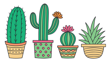 Colorful cartoon illustration depicts various succulent plants and blooming cacti residing in decorative pots