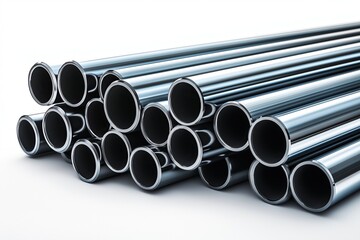 Stack of stainless steel pipes on white background, industrial metal construction material for plumbing and mechanical projects