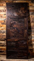 Rustic Wooden Panel with Intricate Carvings and Warm Lighting.