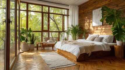 Wooden bedroom with large windows and plants.