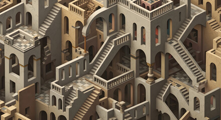 Surreal architectural labyrinth with endless impossible staircases creating a complex optical illusion