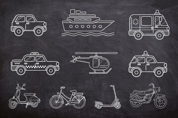 Various of transportation seamless set on black background. Sketch of car, ambulance, taxi, helicopter, ship, motorcycle, bike, and scooter on chalk board. Line art of vehicles on black board