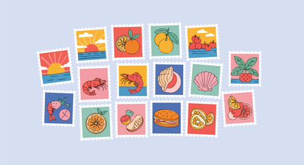 Vibrant retro stamp collection showcasing summer delights like sunsets, seafood, fruits, and beach treasures for joyful designs