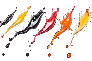 Vibrant liquid splashes of orange red yellow green and peach isolated on transparent background. Set of delicious oil splashes isolated on white background.