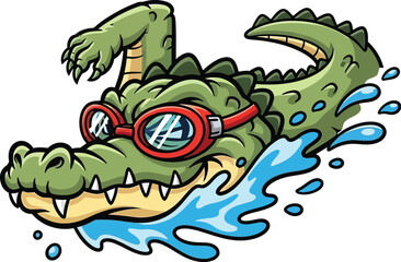 Obraz premium Cool Crocodile Mascot Swimming with Goggles Vector Cartoon Illustration