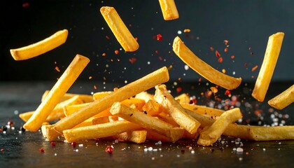 Golden fries tossed in air with spices