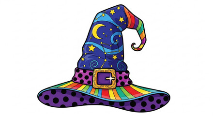 Halloween witch hat costume accessory with moon stars and rainbow colors for spooky season celebration