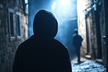 Dark Alley Pursuit: Man in Hood Tracking Person at Night - Crime, following