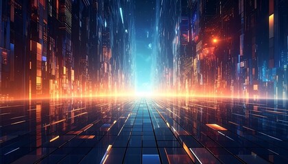 Futuristic city street with glowing blocks