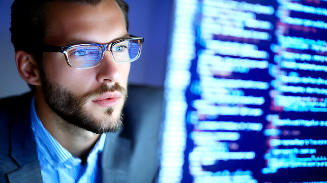 Man in glasses focusing on computer screen displaying lines of code
